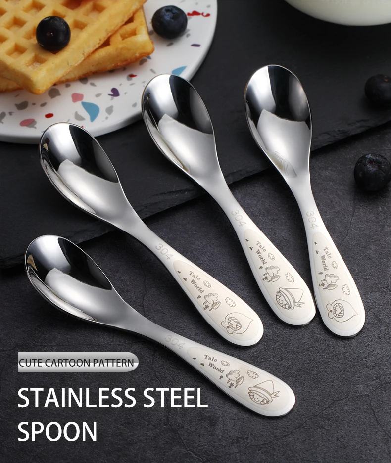 WORTHBUY 2 Pcs/Set Cartoon Kids Spoon 304 Stainless Steel Soup Spoon With Long Handle Serving Spoon Set Kitchen Soup Ladle Scoop