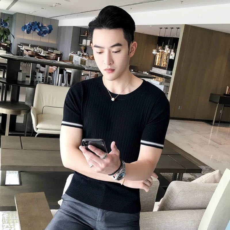 

Men's ice silk t-shirt men's summer fit Korean base T-shirt