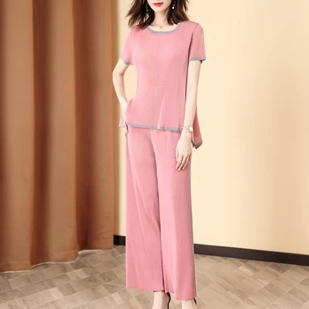 

Pant Suits Women Plus Size Big Stretch Miyake Pleated Summer Round Neck Short sleeve T-shirt + Elastic waist Pants Pink 2 Piece