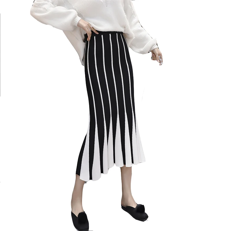 

2021 New Autumn And Winter Temperament Slim Knitted Mermaid Women Skirt Thick Warm A-Line Long Skirts High-Waist Mid-Calf
