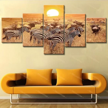 

Large 5 Piece Wall Art A Herd of Zebras Grassland Sunset Posters and Prints Nature Canvas Painting for Living Room Frame Artwork