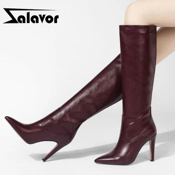 

ZALAVOR Size 34-43 Women Knee Boots Sexy Pointed Toe High Heel Winter Shoes Woman Warm Long Boot Office Lady Daily Footwear