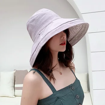 

Double-sided plaid fisherman hat female summer travel big brim bucket hat Japanese sun hat female fashion