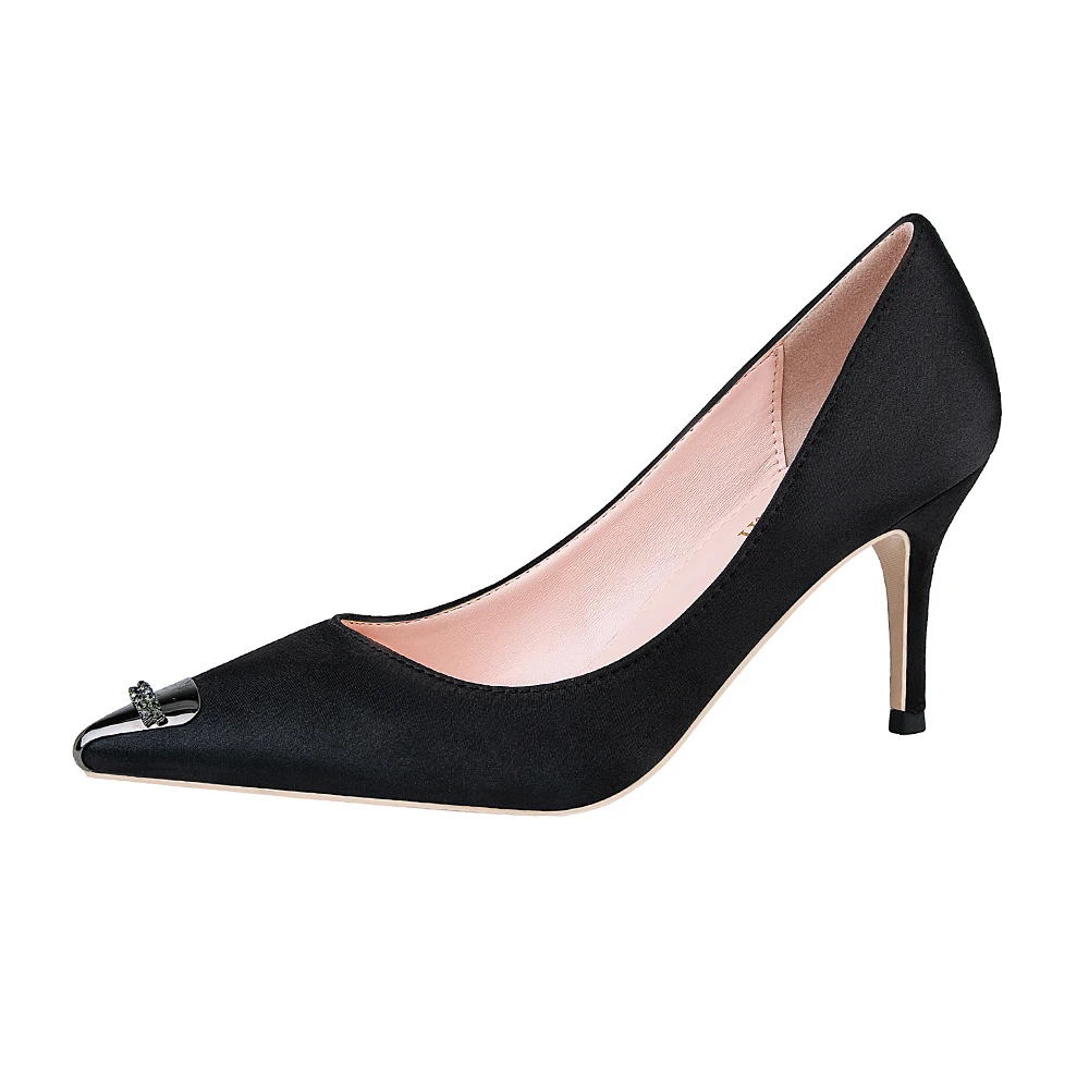 Туфли-лодочки с острым металлическим носком; женская шелковая обувь на высоком каблуке; модные шлепанцы без шнуровки; туфли на шпильке; zapatos mujer; цвет черный, красный, золотистый, серебристый - Цвет: Черный