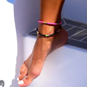 

Colorful Sliced Clay Anklet Handmade Rainbow Polymer Elastic Rope Boho Colorful Beaded anklet Beach Surf Stackable jewelry