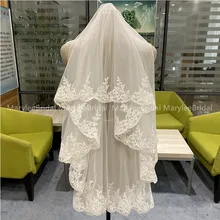 Реальные фотографии, двухслойная Фата невесты с золотым гребнем, высокое качество, тюль с кружевной аппликацией, женская свадебная вуаль 50 см* 100 см