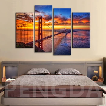

Canvas Printed Picture Wall Art Sunset View of the Golden Gate Bridge Paintings Home Decoration Module Poster Living Room Frame