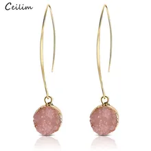 Модные круглые поддельные серьги Друза золотого цвета для женщин богемные серьги ручной работы с розовым полимерным камнем длинные висячие серьги дизайнерские ювелирные изделия