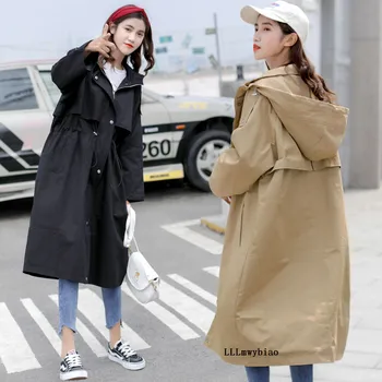 

2020 Autumn Winter New Hooded Trench Coat Women Large Size Loose Solid Color Medium Long Windbreaker Ladies Outerwear 3XL Z408