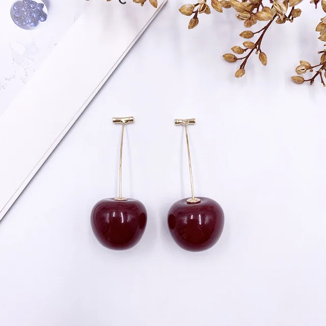 Korean Sweet Cherry Earrings Long statement Earrings for Women Acrylic Resin Colorful Fruit Dangle Earring Red Blue Pink Cherry wine red