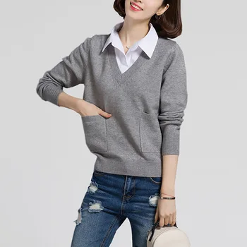 

Autumn Winter Knitted Sweater Women 2019 Fashion Shirt Collar Fake Two Pieces Medium Length Pullovers Sweater Female 0804-80