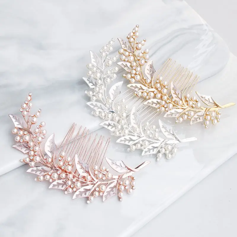 Metallic Hollow Out Leaves Wedding Hair Comb Imitation Pearl Rhinestone Bridal Prom Party Ponytail Veil Holder Hairpin Accessory