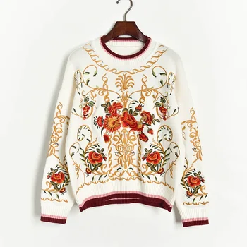 

China Station heavy industry light luxury embroidery flowers lazy wind loose fit long sleeve knitwear sweater women's wear