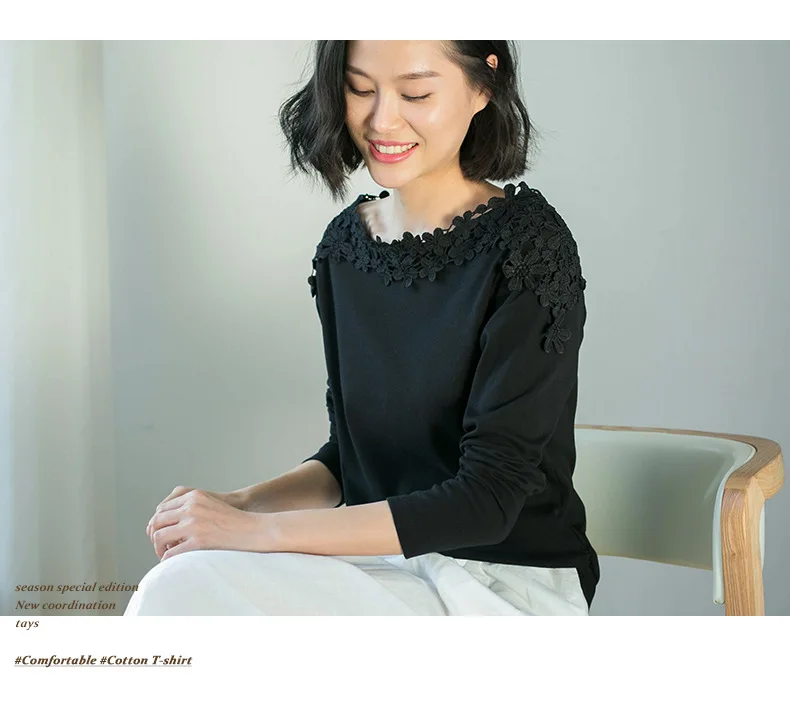 Plus Size M-4XL Female T-shirt Long Sleeve Lace Winter T-shirts For Women Slashneck Side Pleated Cotton Casual Top Tee Camisetas