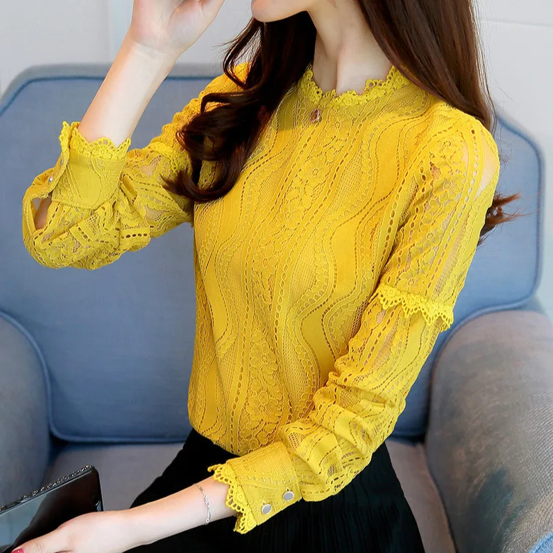 yellow spring autumn Women Crochet Blouse Lace Chiffon Shirt White/Black Basic Shirt Ladies Stand Collar Ruffles Blusas Femininas - Цвет: yellow