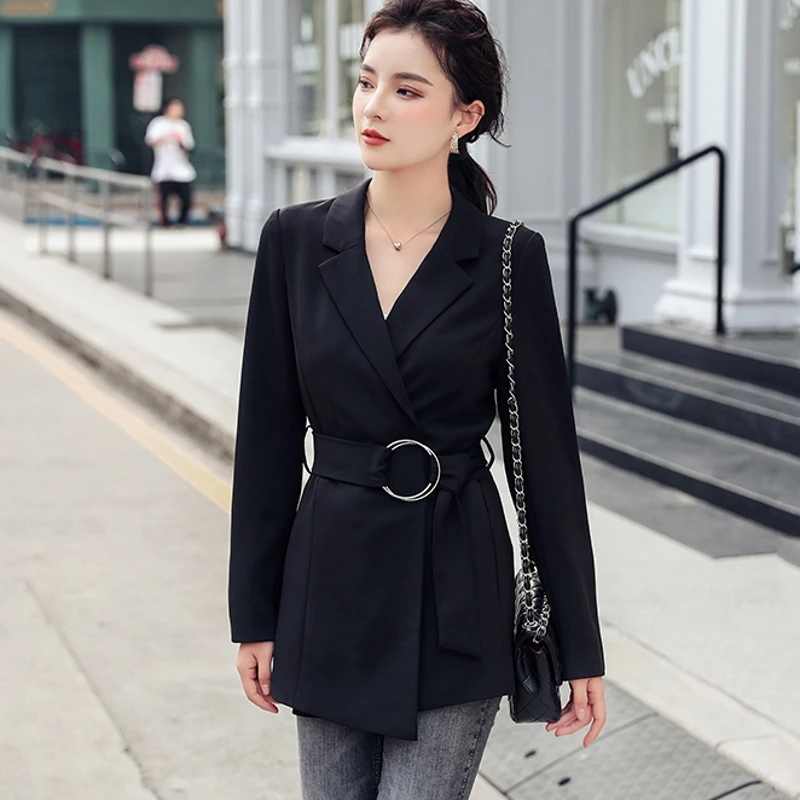 

Autumn Women Blazer Black Long Blazer Notched With Sashes Buckle Wrapped Long Sleeve Jacket Coat Outwear C99491