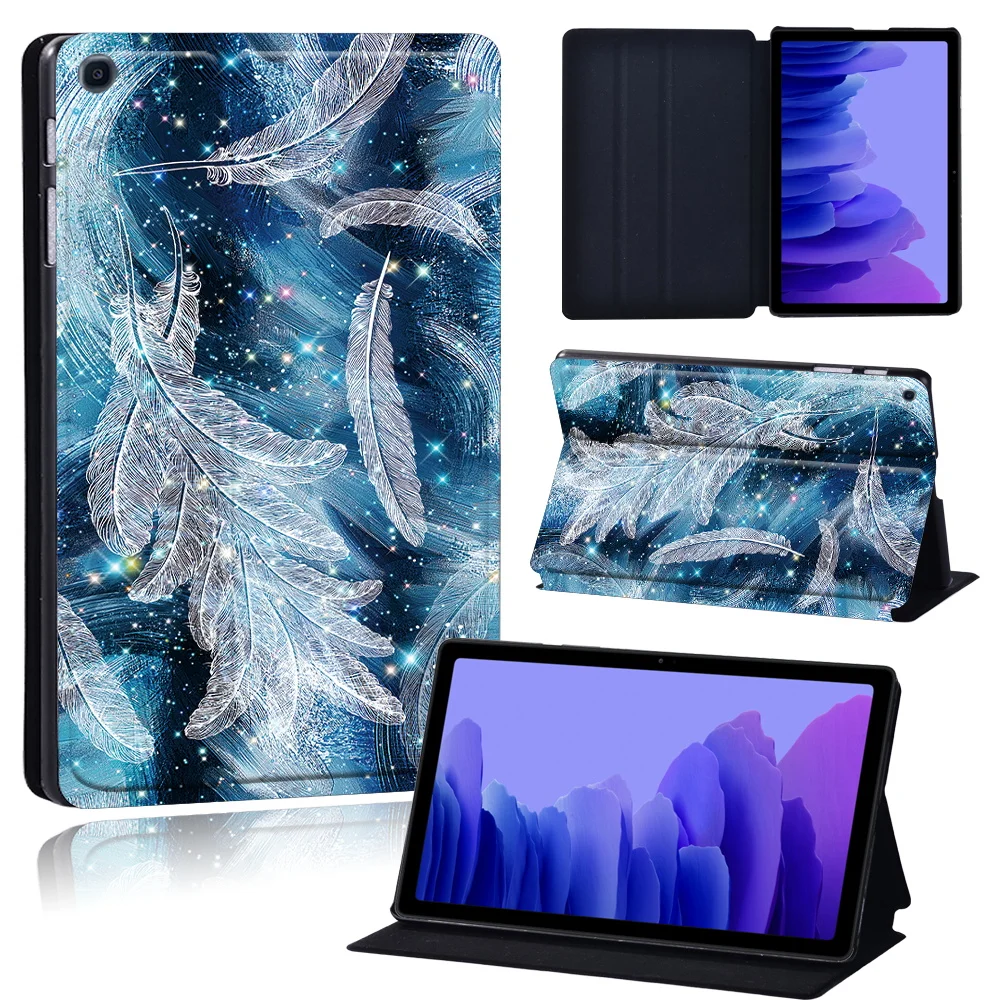 Tablets Case for Samsung Galaxy Tab A7 10.4 Inch 2020 T500/T505 Printed Feather PU Leather Tablet Stand folio Cover+ Free Stylus