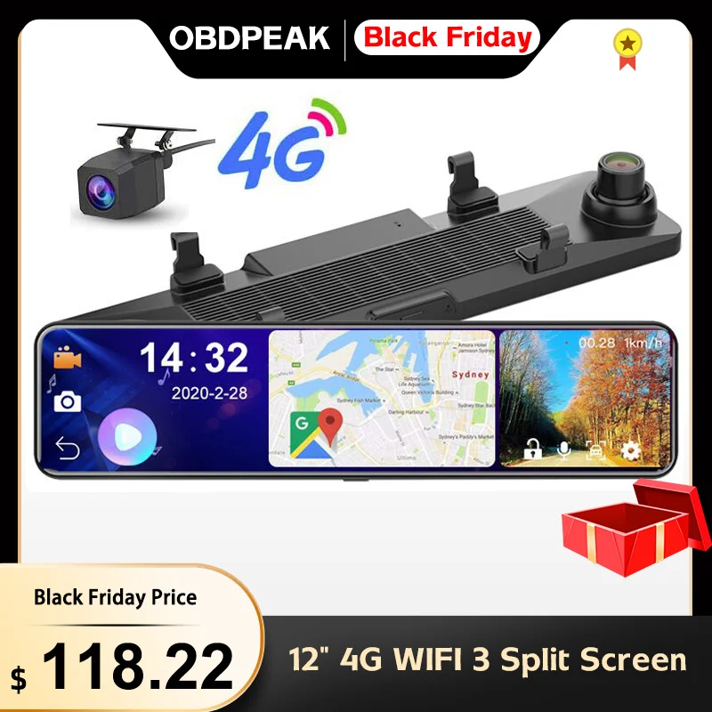 OBEPEAK Смарт Android 8 1 12 &quot4G Wi Fi Автомобильный видеорегистратор DVR камера Зеркало