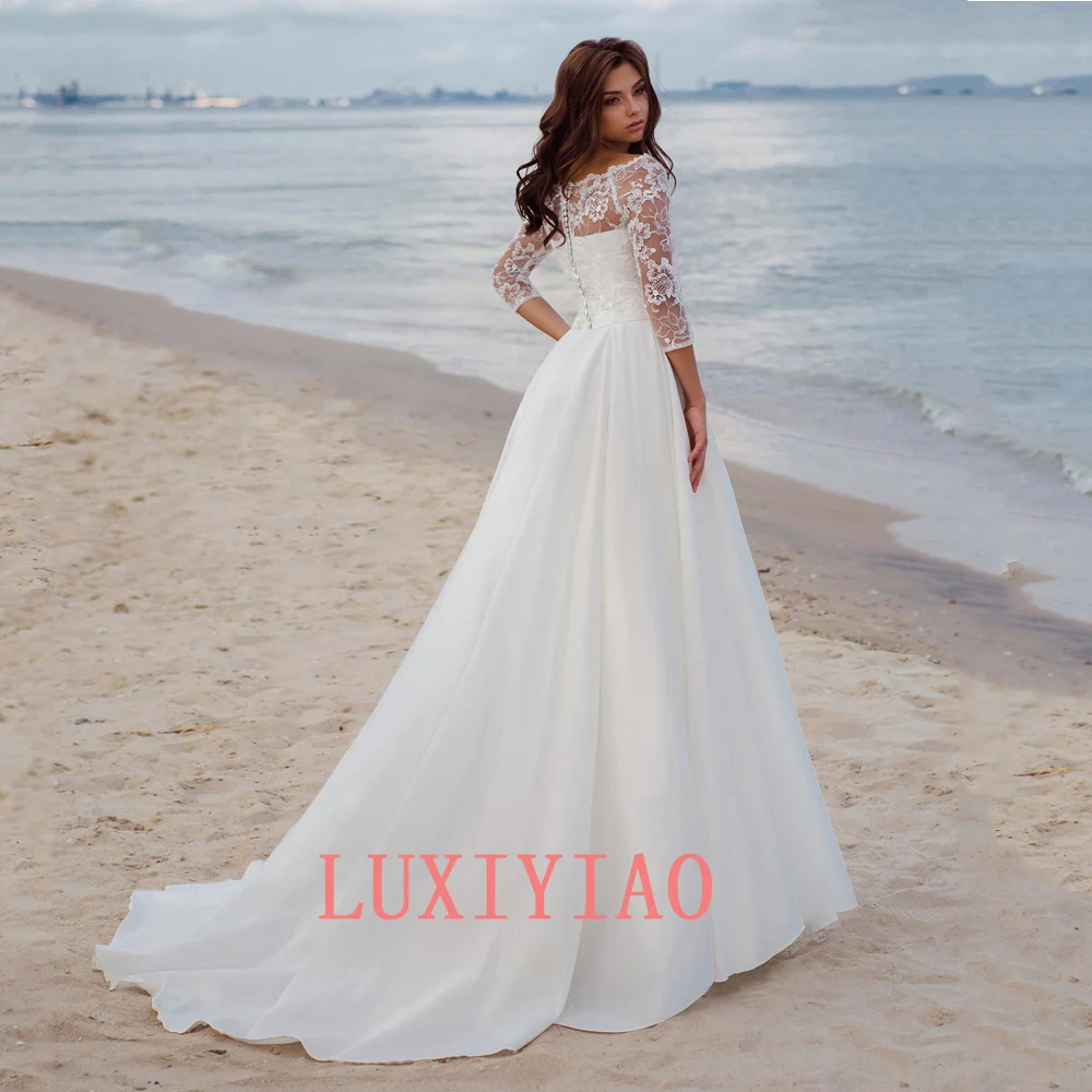 LUXIYIAO LO27 Robe De Mariee Wedding Dress 2022 Long Sleeves Scoop Neck Lace Satin A Line Sweep Train Bridal Wedding Gown summer wedding guest dress