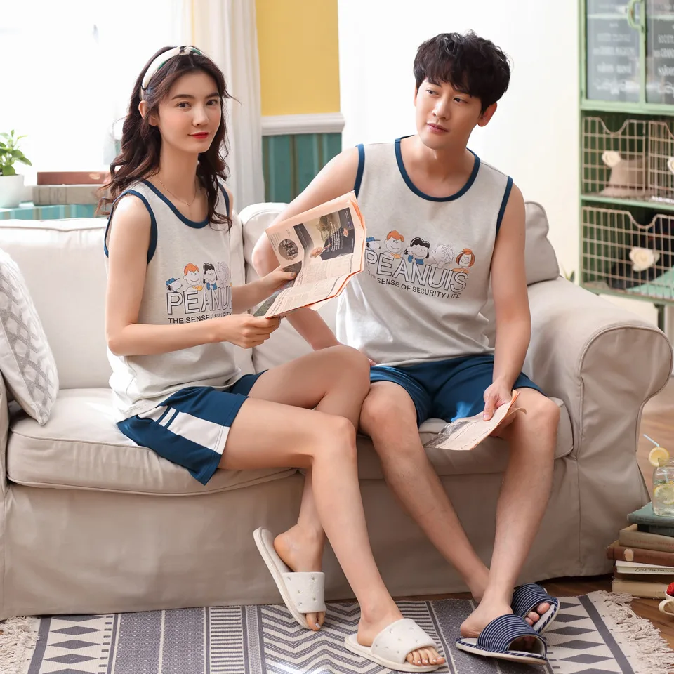 

Summer Pure Cotton Couples Pajamas Korean-style Vest Shorts Homewear Set Comfortable Casual-Outer Wear Thin