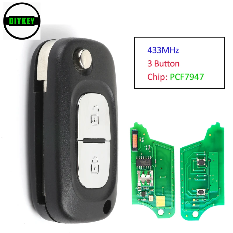 

DIYKEY Flip Remote Key 2 Button Key Case Replacement 433MHz PCF7947 Chip for Renault Clio 3, Kangoo, Master 2006-2016