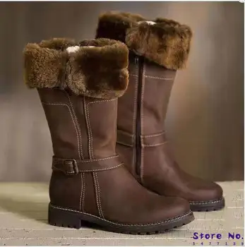 

BLWBYL Knee High Boots Big Size Low Heels Shoes Booties Gladiator Vintage PU Leather Winter Snow Warm Shoe Botas Mujer HP2577