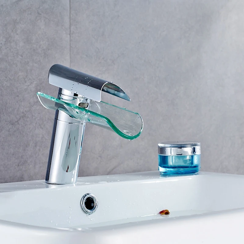 Bathroom Basin Faucet Waterfall Spout Glass Nickel Brushed Cold and Hot Mixer Water Sink Tap