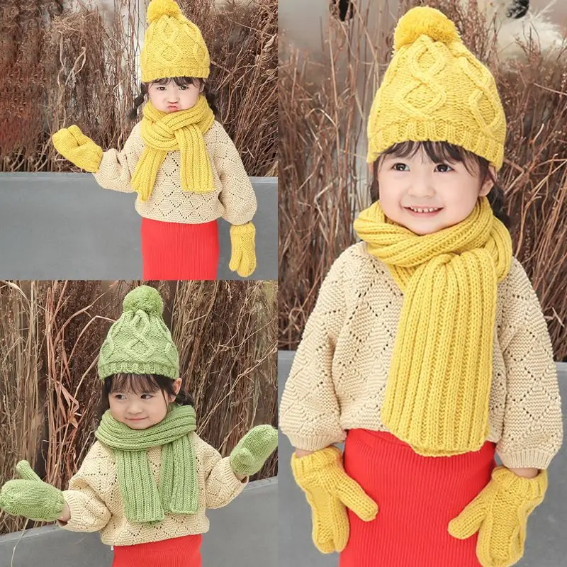 Детский вязаный шарф шапка Перчатки сплошной цвет зимние теплые варежки шапка набор шарфов