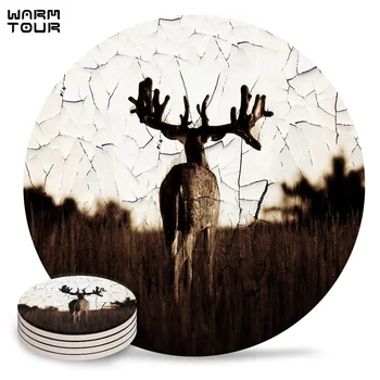 

4/6/8 PCS Hand Drawn Art Retro Deer Cracked Back Placemat Ceramic Drink Coasters Table Decoration Absorbent Moisture