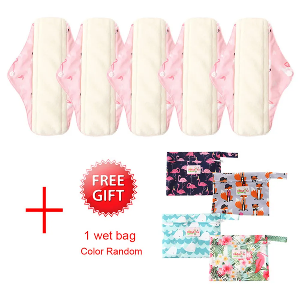 5PCS Reusable Sanitary Pads with Free mini Storage Bag Women Menstrual Pads Sanitary Napkin Absorbent Charcoal Bamboo Cloth Pads - Цвет: WSD43