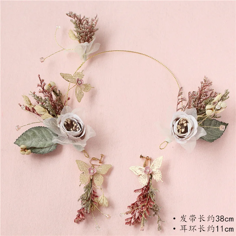 

Day Korean Style Sweet Bride Mori Girl Line Hair Band Qingren Cao Dried Flower Hair Accessories Earrings Set Marriage Immortal P