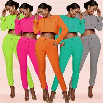 

Neon Color Two Piece Set Long Sleeve Crop Top and Pants Women Casual Solid Outfits Ladies Clothing Sets 2019 Conjunto Femenino