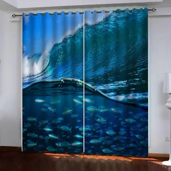 

Custom blue ocean curtains Window Blackout Luxury 3D Curtains set For Bed room Living room Office Hotel