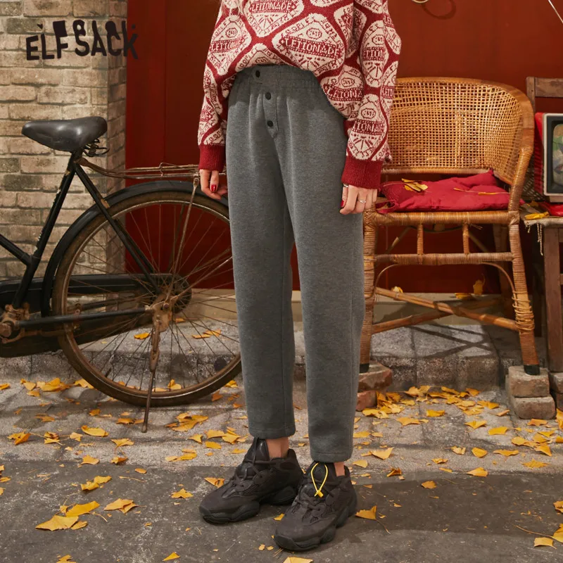 ELFSACK Black Solid Korean Warmness Women Pants 2020 Winter Black Elastic Waist Straight Office Ladies Basic Daily Trousers ELFSACK Black Solid Korean Warmness Women Pants 2020 Winter Black Elastic Waist Straight Office Ladies Basic Daily Trousers