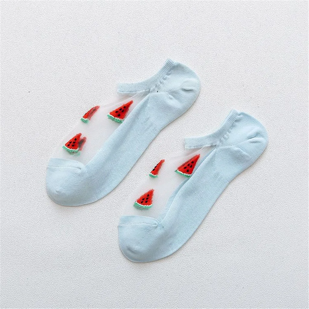 Women Casual Summer Fashion Transparent Silk Fruit Print Socks Short Cute Sock Funny Short Ankle Socks Ladies Cotton Sock