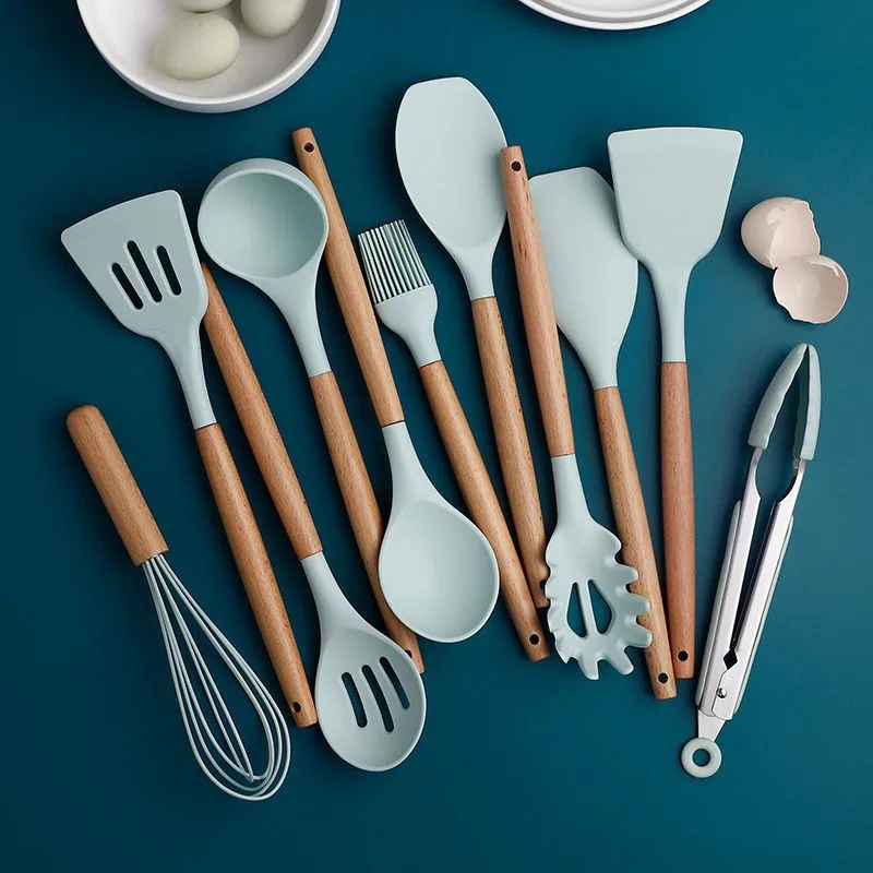 Silicone Cooking Utensils Set Non-stick Spatula Soup Spoon Eggbeater Food Clip Wooden Handle with Storage Box Kitchen Tool | Дом и сад
