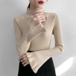 Осень и зима 2019 Новый Модный женский свитер тонкий длинный рукав с расклешенными рукавами водолазка хлопок Повседневная Женская одежда
