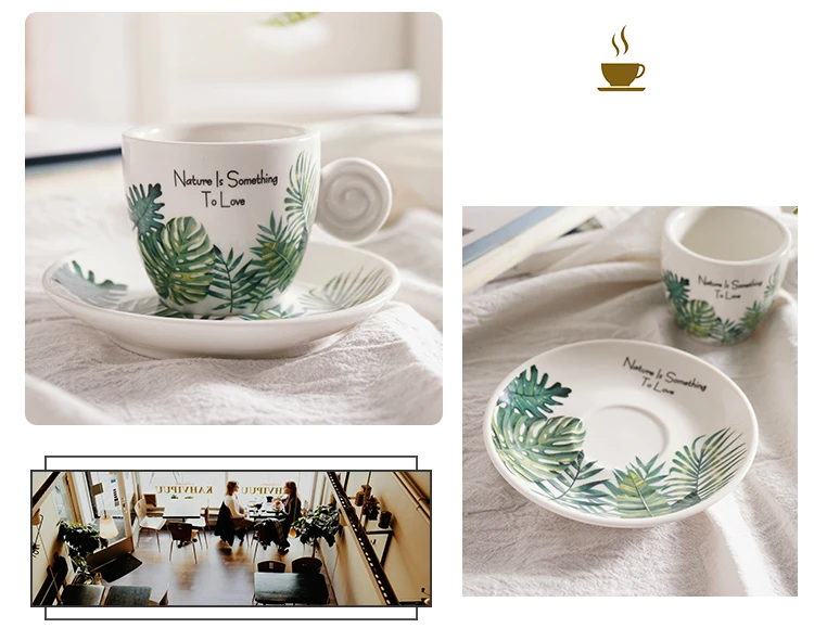 Northern Europe Fresh Style 90ml Espresso Cup Set With Tray Monstera Leaf Frost Small Italian Black Coffee Mug Taza Tasse Xicara