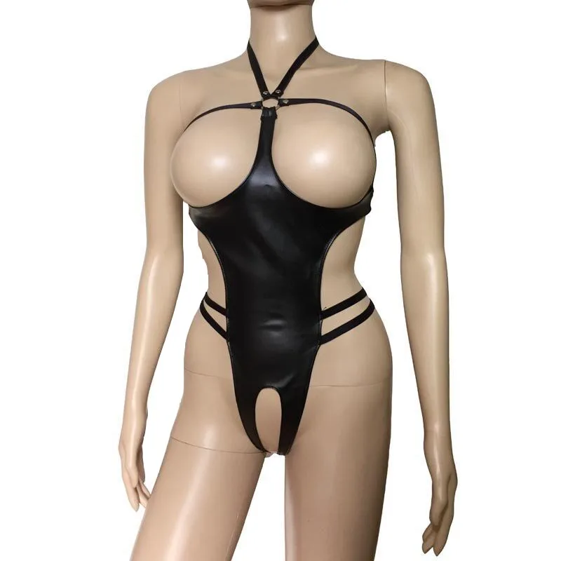 

Black Women Faux Leather Open Cup Teddies Crotchless Thong Leotard One Piece Bikini Bodysuit Body Harness Fetish Lingerie