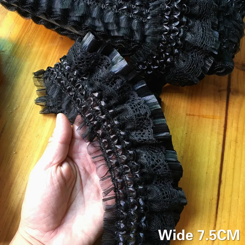 Lace Ribbon 7CM Wide Embroidery Elastic Ruffle Trim Collar Sewing Clothing Skirt Headwear Hats Trimmings DIY