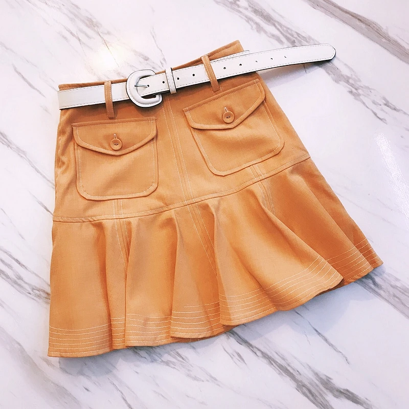 Год, новая модная плиссированная Сексуальная мини-юбка, галстук, поясная сумка, повседневные коричневые женские юбки, одежда