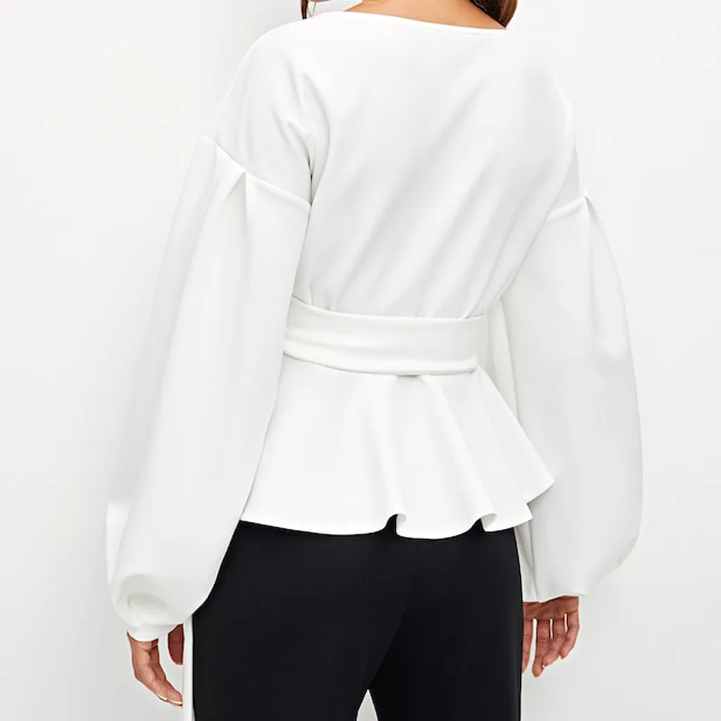 White Office Lady Elegant Lantern Sleeve Surplice Peplum Off the Shoulder Solid Blouse Autumn Sexy Women Tops And Blouses Mujer