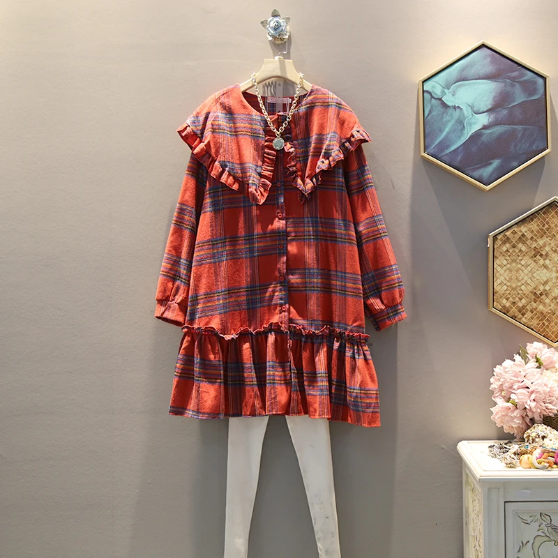 

[EWQ] 2019 Spring Autumn High Quality Peter Pan Collar Long Sleeve Plaid Patchwork Ruffles Vintage Loose Dress Women AH49703.5XL
