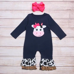 Barboteuse à manches longues pour filles, vêtements d'automne, bleu marine, rose, nœud, tête de vache, motif brodé, pour bébés 