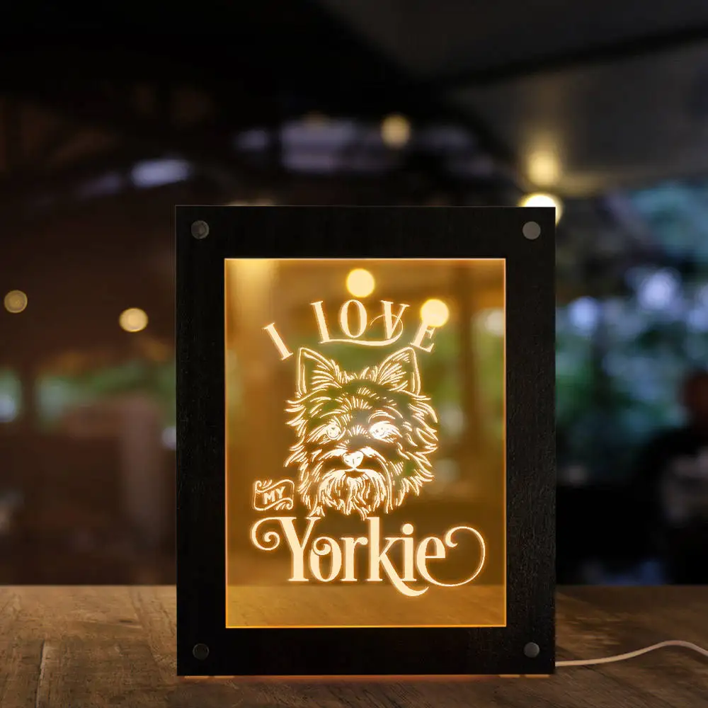 

I Love my Yorkie Dog Breed Led Lighting Photo Frame Yorkshire Terrier Portrait Calming Lamp Animal Companion Pet Shop Desk Light