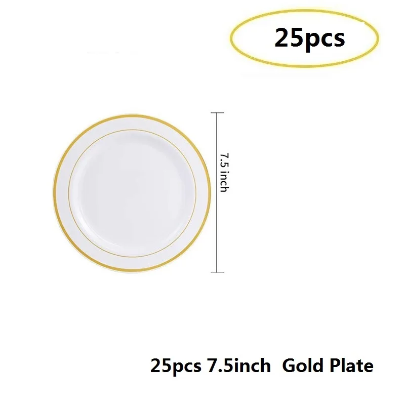 25pcs 7.5ich plate 25 шт., 7,5 дюймов, золотистая обеденная тарелка, одноразовые золотые столовые приборы, набор для свадебной вечеринки, пластиковые ножи, вилки, ложки, столовая посуда для ресторана - Цвет: 25pcs 7.5ich plate