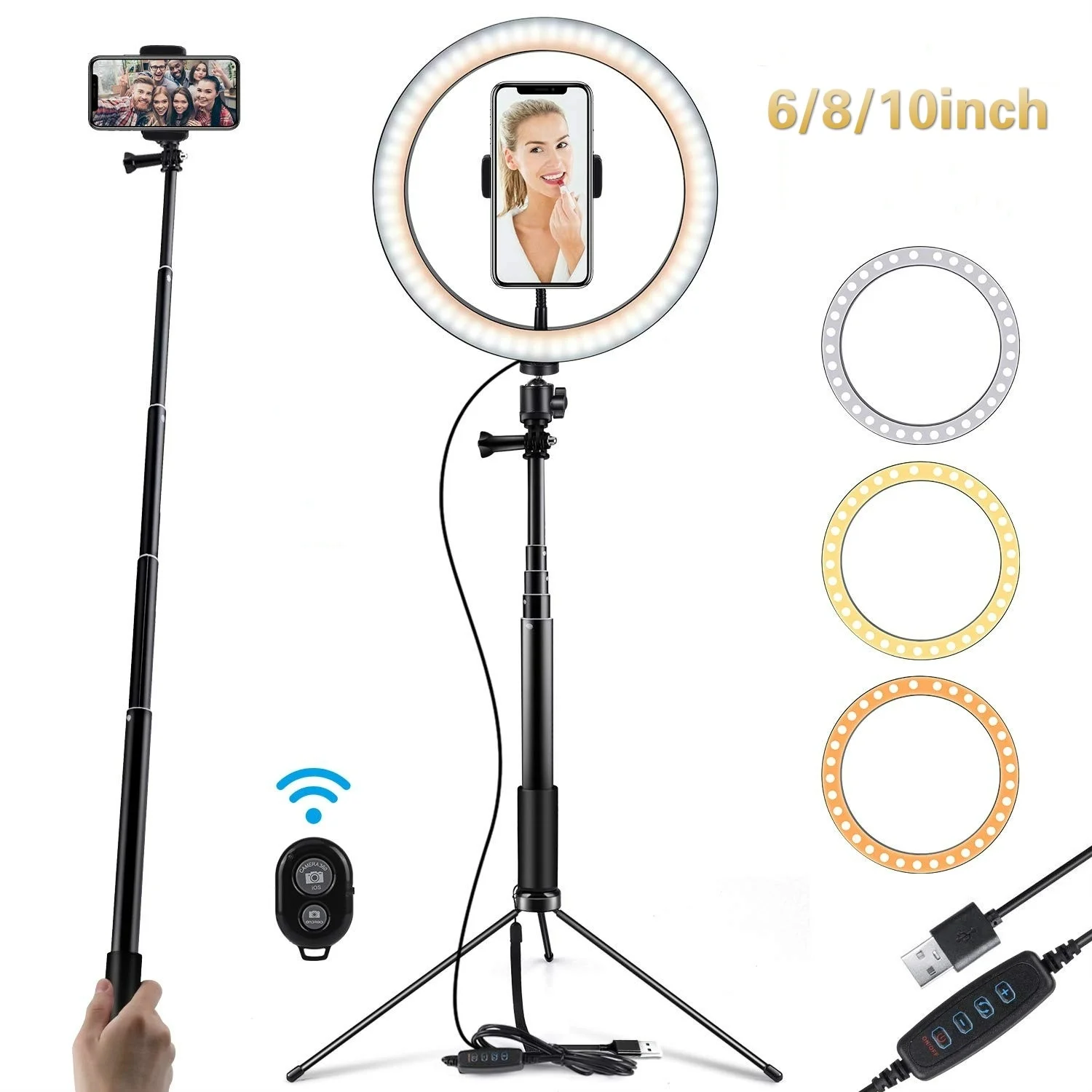 

3 in 1 Extendable Phone Selfie Stick with Wireless Remote Shutter LED Beauty Ring Light Photography Dimmable Ring Lamp+Tripod