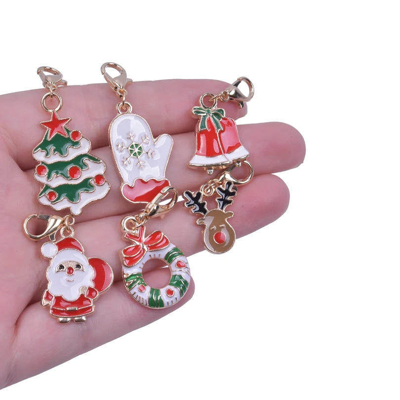 

24pcs Mix Colorful Enamel Christmas Keychains Lobster Buckle Clasp Charms Xmas Deer Snowflake Santa Claus Pendants Jewelry Gift