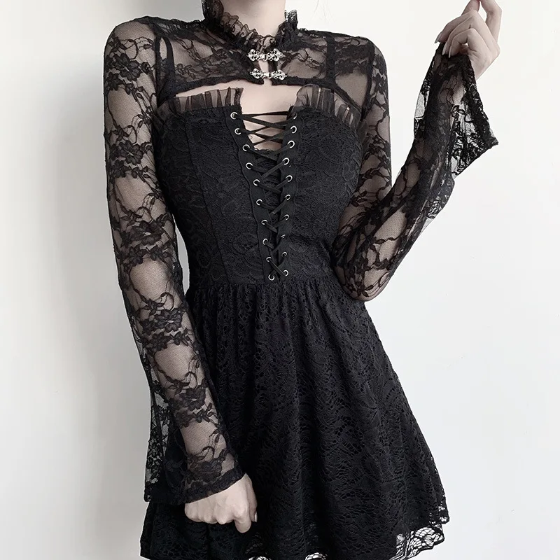 Black Punk Women Short Lace Blouse 2021 Lady Palace Tight Flare Sleeve Stand Neck Sexy Gothic Blusa Double Breasted Rock Hot Top