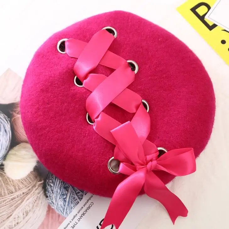 rose red Harajuku женский бант лента мягкий берет шапка для Одежда для девочек Элегантный Пушистый плющовый береты - Цвет: rose red